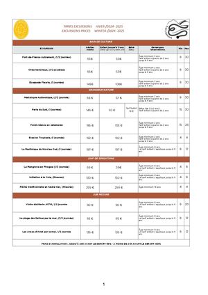 FR et ENG Tarifs/Rates  Excursions Boucaniers