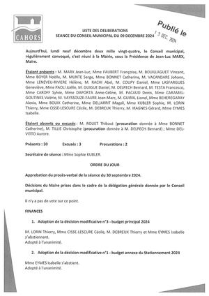 Séance du conseil municipal du lundi 9 décembre 2024