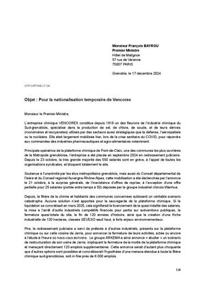 [Courrier] à L'attention De François Bayrou Vencorex