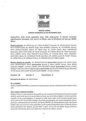 Procès verbal du conseil municipal - Séance du 30 septembre 2024