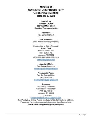 Minutes Of Cornerstone Presbytery 10052024