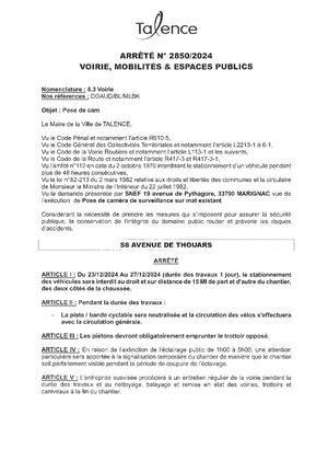 Arrete 2850-2024-Interdiction De Stationnement 58 Avenue De Thouars Du 23 Au 27-12-2024-Publié Le 19 12 2024