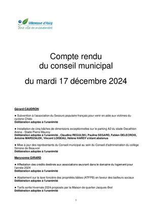 17 décembre 2024  : compte-rendu du conseil municipal
