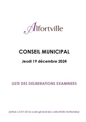 Liste des délibérations examinées - Conseil municipal du 19 décembre 2024 - Alfortville