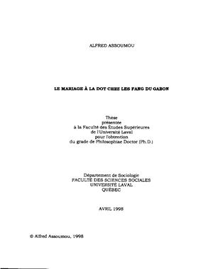 Le Mariage A La Dot Chez Les Fang Du Gabon, Thèse Par A. Assoumou, 1998