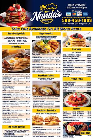 Nandas Restaurant Breakfast & Lunch Menu Vertical