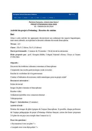 Fiche pédagogique «Recettes de cuisine»
