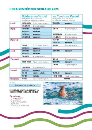 Piscines - horaires période scolaire 2025