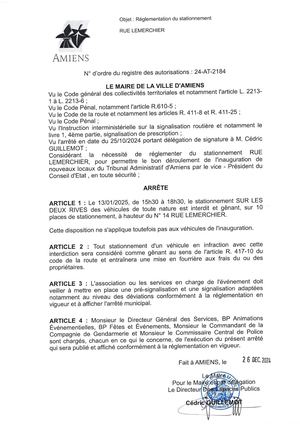 24 At 2184 Arrête De Réglementation Du Stationnement Rue Lemerchier à Amiens Le 13 01 2025