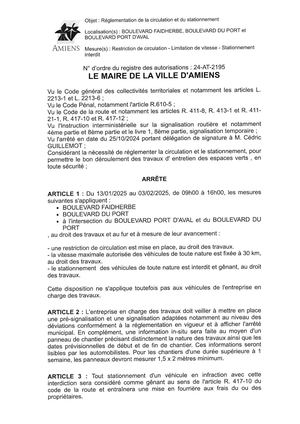 24 At 2195 Arrête De Réglementation De La Circulation Et Du Stationnement Boulevard Faidherbe Boulevard Du Port Et Boulevard Port D'aval à Amiens Du 1301 Au 03 02 2025