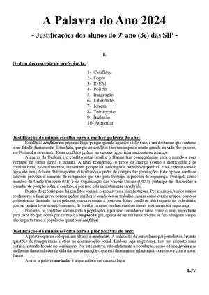 Palavra do Ano 2024 Justificações Do 9º Ano