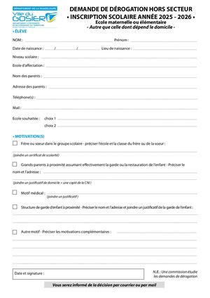 Formulaire Dérogation - 2025 2026