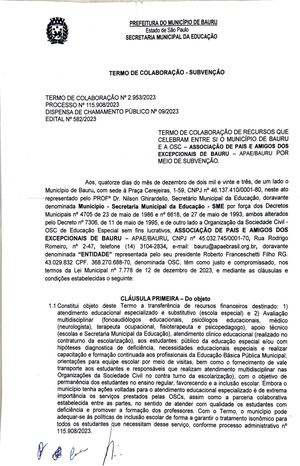 Termo de Colaboração - Subvenção - nº 2.953/2023 - Processo nº 115.908/2023 - Secretaria Municipal de Educação