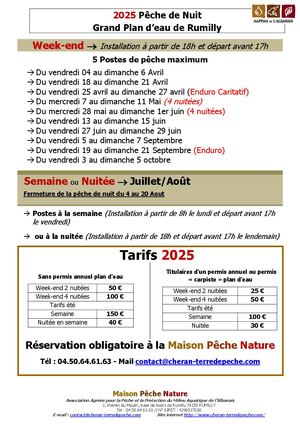 Calendrier  et tarifs 2025 des pêches de nuit au plan d'eau de RumillyEt Tarifs Peche De Nuit
