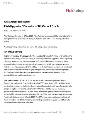 Explanation Fitch Upgrades El Salvador To 'B '; Outlook Stable