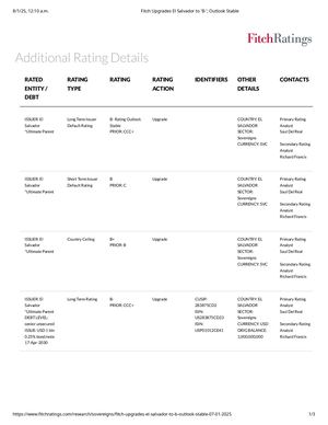 Fitch Upgrades El Salvador To 'B '; Outlook Stable