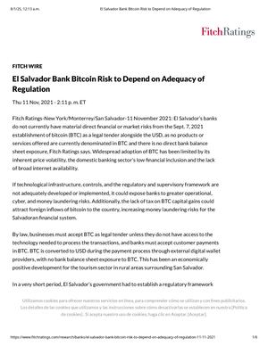 2021 El Salvador Bank Bitcoin Risk To Depend On Adequacy Of Regulation