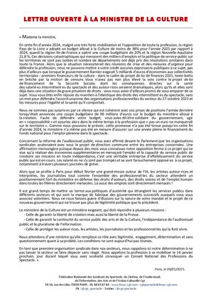 Cgt Spectacle 09012025 Lettre Ouverte À La Ministre De La Culture