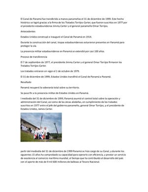 El Canal De Panamá Fue Transferido A Manos Panameñas El 31 De Diciembre De 1999