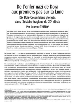 Des Bois-Colombiens déportés à Mittelbau-Dora. De l'enfer nazi de Dora aux premiers pas sur la Lune. Dix Bois-Colombiens plongés dans l'histoire tragique du 20e siècle.