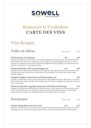 Carte Vins Le Troubadour
