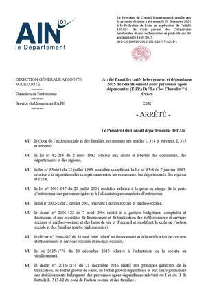 Arrêté Fixant Les Tarifs Hébergement Et Dépendance 2025 De L'établissement Pour Personnes âgées Dépendantes (EHPAD) Le Clos Chevalier à Ornex
