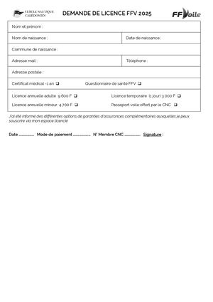 Fiche Demande De Licence FFV 2025