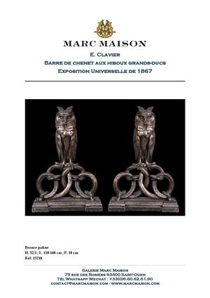 E. Clavier Barre de chenet aux hiboux grands-ducs Exposition Universelle de 1867