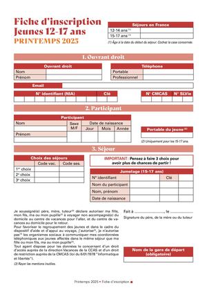 Fiche D'inscription Jeunes Printemps 2025