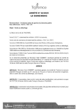 Arrete 62-2025-Vente Deballage Du Secours Populaire Les 14-15 Et 16-02-2025-Salle Mauriac-Publié Le 15 01 2025