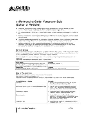 Referencing Guide Vancouver Griffith University