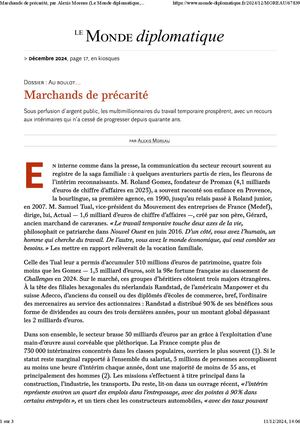 Le Monde Diplomatique, Décembre 2024": "Marchands de précarité"
