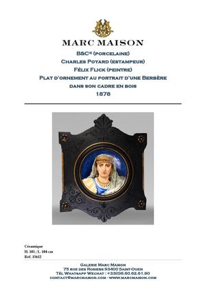 B&Cie (porcelaine) Charles Poyard (estampeur) Félix Flick (peintre) Plat d’ornement au portrait d’une Berbère dans son cadre en bois 1878
