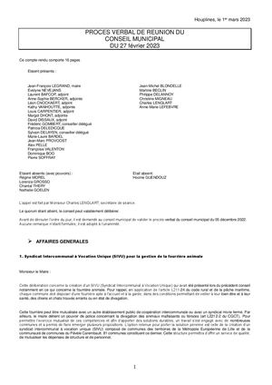 Conseil municipal du 27 février 2023 - Procès verbal