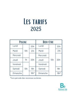 Tarifs 2025 Balsan'éo