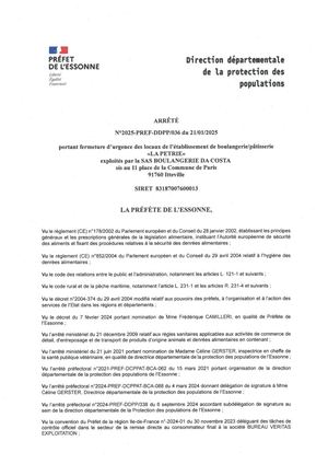 250121 Arrêté De Fermeture D'urgence Boulangerie Patisserie La Petrie à Itteville