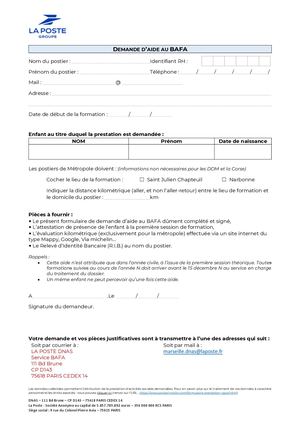 Formulaire de demande d'aide au BAFA AVEA x La Poste