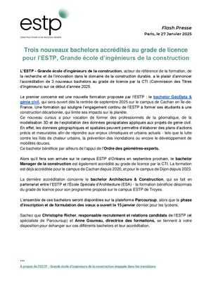 COMMUNIQUE DE PRESSE | Trois nouveaux bachelors accrédités au grade de licence pour l’ESTP, Grande école d’ingénieurs de la construction
