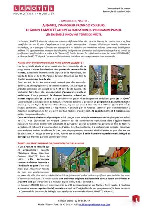 À Nantes, le Groupe Lamotte achève la réalisation du programme Passéo - 9 octobre 2014