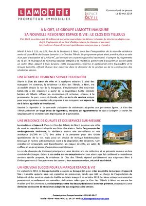 À Niort, Lamotte inaugure sa nouvelle résidence Espace et Vie : Le Clos des Tilleuls - 30 mai 2014