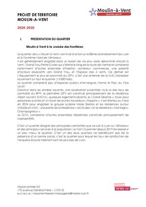 Projet de territoire  2024-2030 Moulin à Vent Lyon 8e