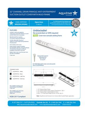 32CDPHFRxxx - 32'' Channel Drain Pinhole Anti Entrapment Suction Outlet Cover With Mud Frame
