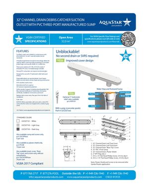 32CDLTxxx - 32'' Channel Drain Debris Catcher Suction Outlet Cover And PVC Three Port Manufactured Sump