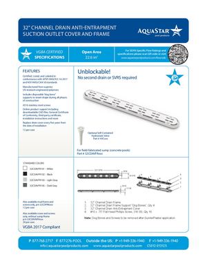 32CDAVFRxxx - 32'' Channel Drain Anti Vortex Anti Entrapment Suction Outlet Cover And Frame