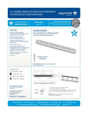 32CDFLFRxxx - 32'' Channel Drain Flat Grate Suction Outlet Cover And Frame