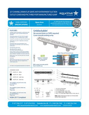 32CDFLxxx - 32'' Channel Drain Flat Grate Suction Outlet Cover And PVC Three Port Manufactured Sump