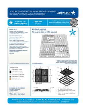 WAV18WRxxx - 18'' Square Frame With Four 9'' Square Wave Anti Entrapment Suction Outlet Covers And Vented Riser Rings