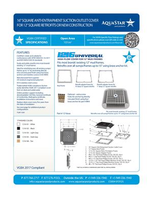 1216xxx - 16'' Square Anti Entrapment Suction Outlet Cover