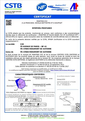 Certificat Nf Cstbat Nympea Prestance