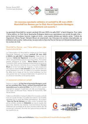 Un nouveau spectacle solidaire et caritatif MusicHall’Ino Rennes par le Club Hervé Spectacles Bretagne - 3 février 2025